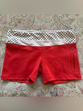 lululemon athletica Orange/Red Athletic Shorts with White Polka Dot Waistband